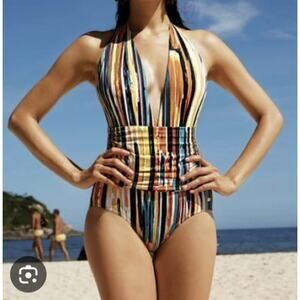 NWT Sauipe Eva Women's Multicolor Striped Halter Neck One Piece Swimsuit Size L
